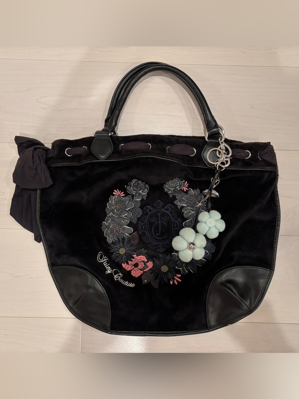 Juicy Couture Black Velvet Floral Embroidered Tote with Charm